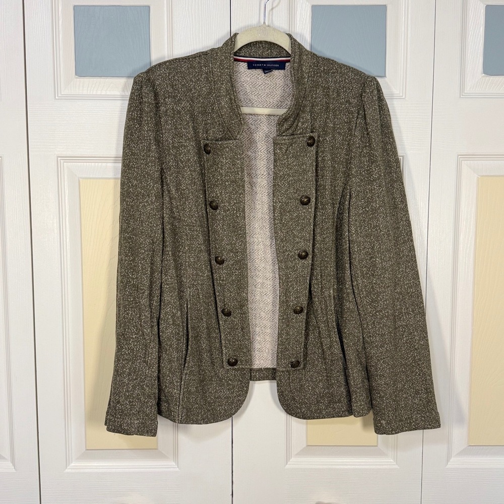Tommy Hilfiger Womens XXL Olive Green Marl Military Knit Blazer Crest Button